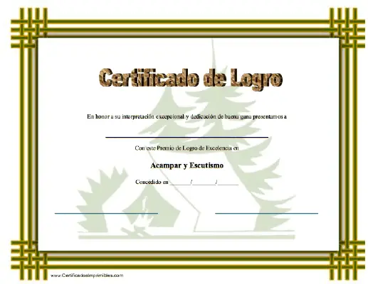 Certificado de Logro en Acampar y Escutismo certificate
