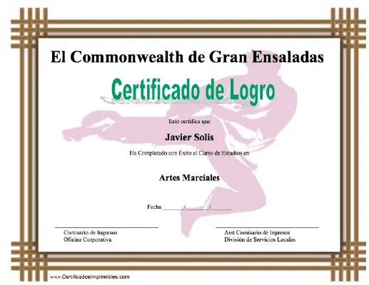 Certificado de Logro en Artes Marciales certificate