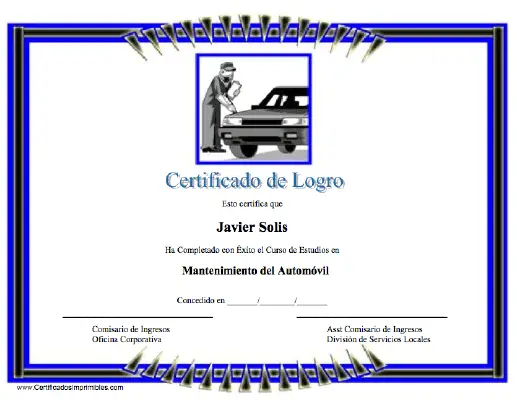 Certificado de Logro en Mantenimiento del Automóvil certificate