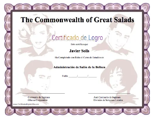 Certificado de Logro en Administración de Salón de la Belleza certificate