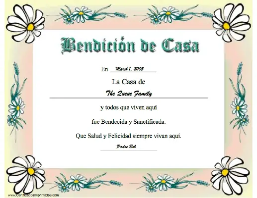 Benedición de Casa certificate