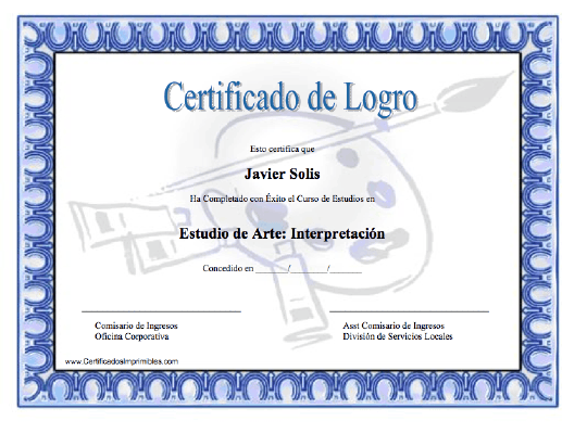 Certificado de Logro Estudios en Estudio de Arte certificate
