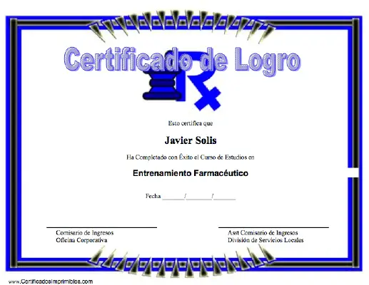 Certificado de Logro en Entrenamiento Farmacéutico certificate