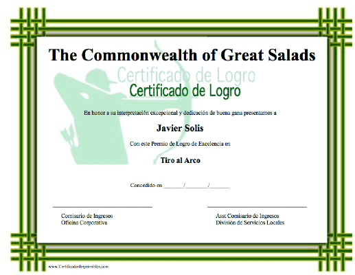 Certificado de Logro en Tiro al Arco certificate