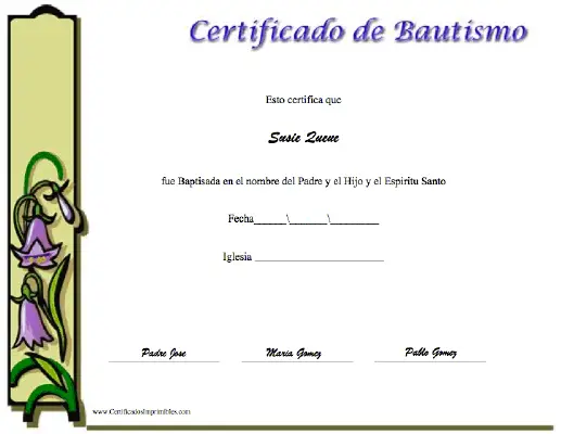 Certificado de Bautismo certificate