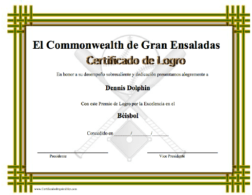 Certificado de Logro en el Béisbol certificate