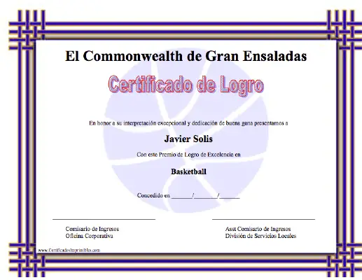 Certificado de Logro en Basketball certificate