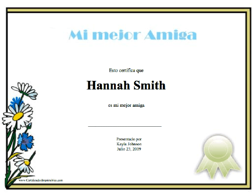 Mi mejor Amiga certificate