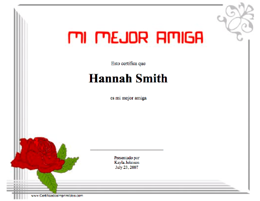 Mi mejor Amiga certificate