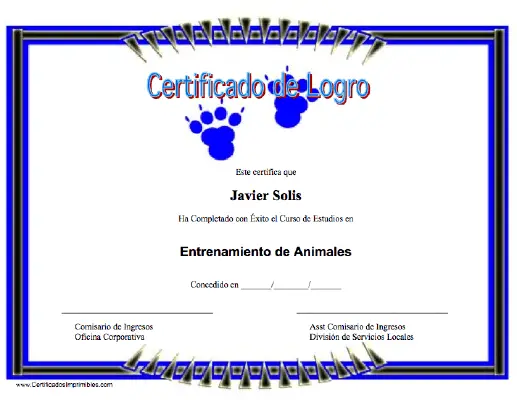 Certificado de Logro en Entrenamiento de Animales certificate
