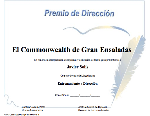 Premio de Dirección certificate