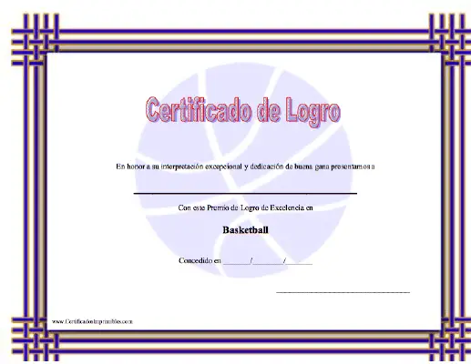 Certificado de Logro en Basketball certificate