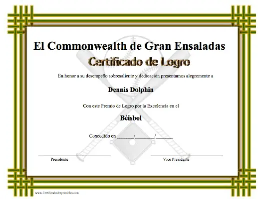 Certificado de Logro en el Béisbol certificate